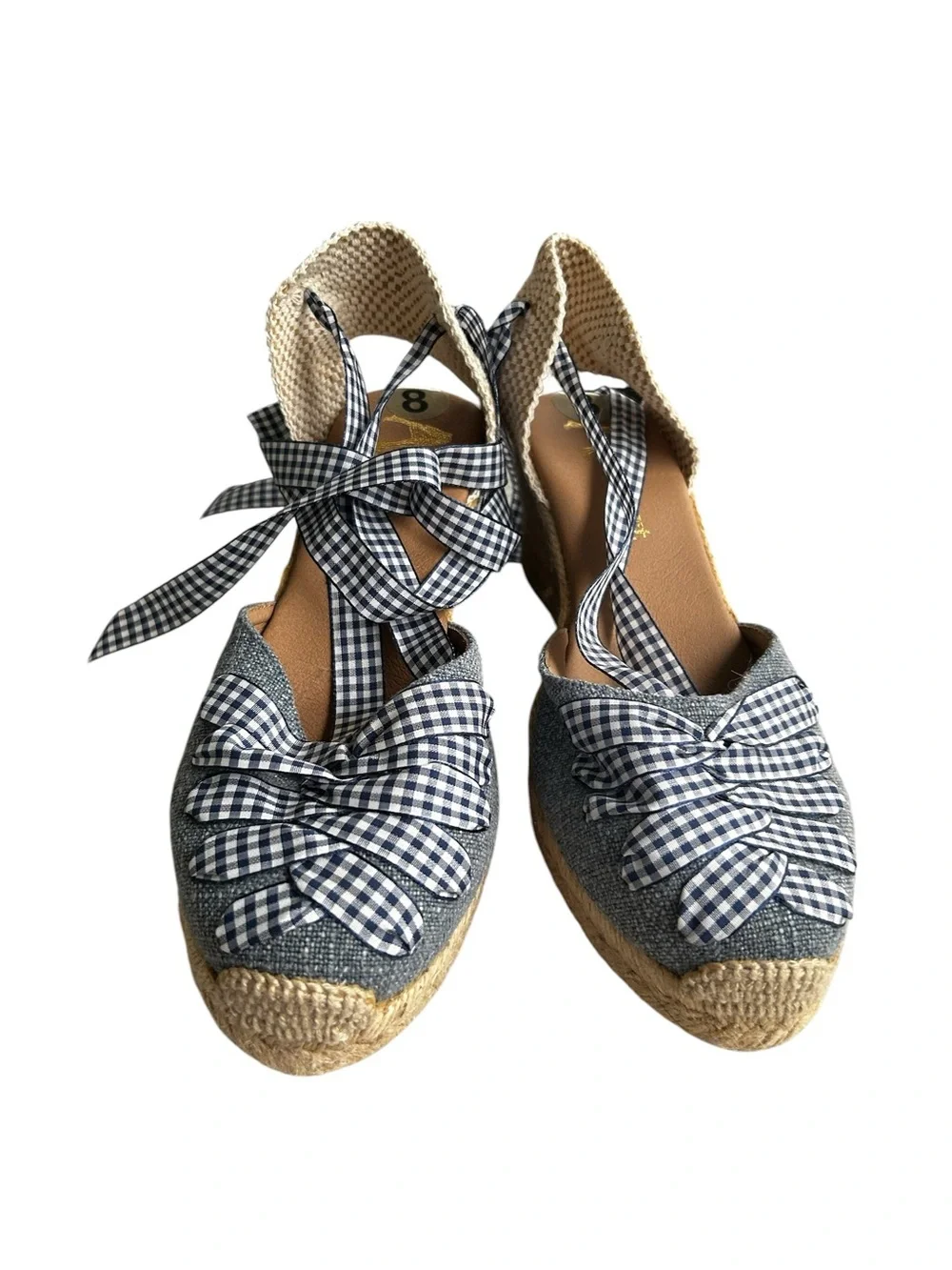Paseart  Blue Gingham Plaid Lace-up Espardrille Wedge Size 8